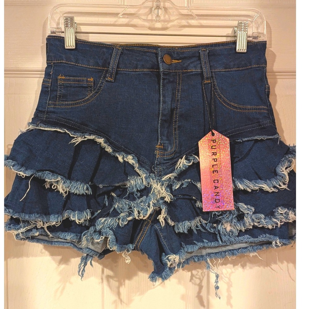 Purple Candy Denim Ruffle Shorts Medium Blue Tiered Frayed Festival Boho